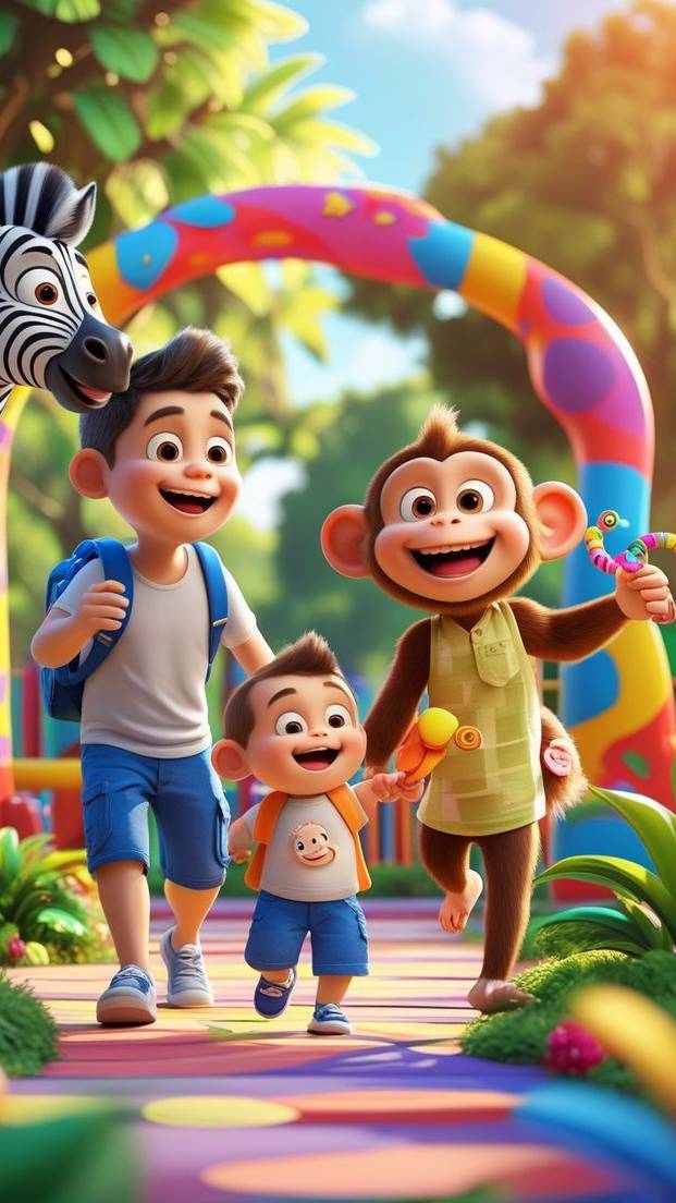 रंग-बिरंगे पार्क में लड़के और बंदर की मजेदार मस्ती 🦓🐒🌈