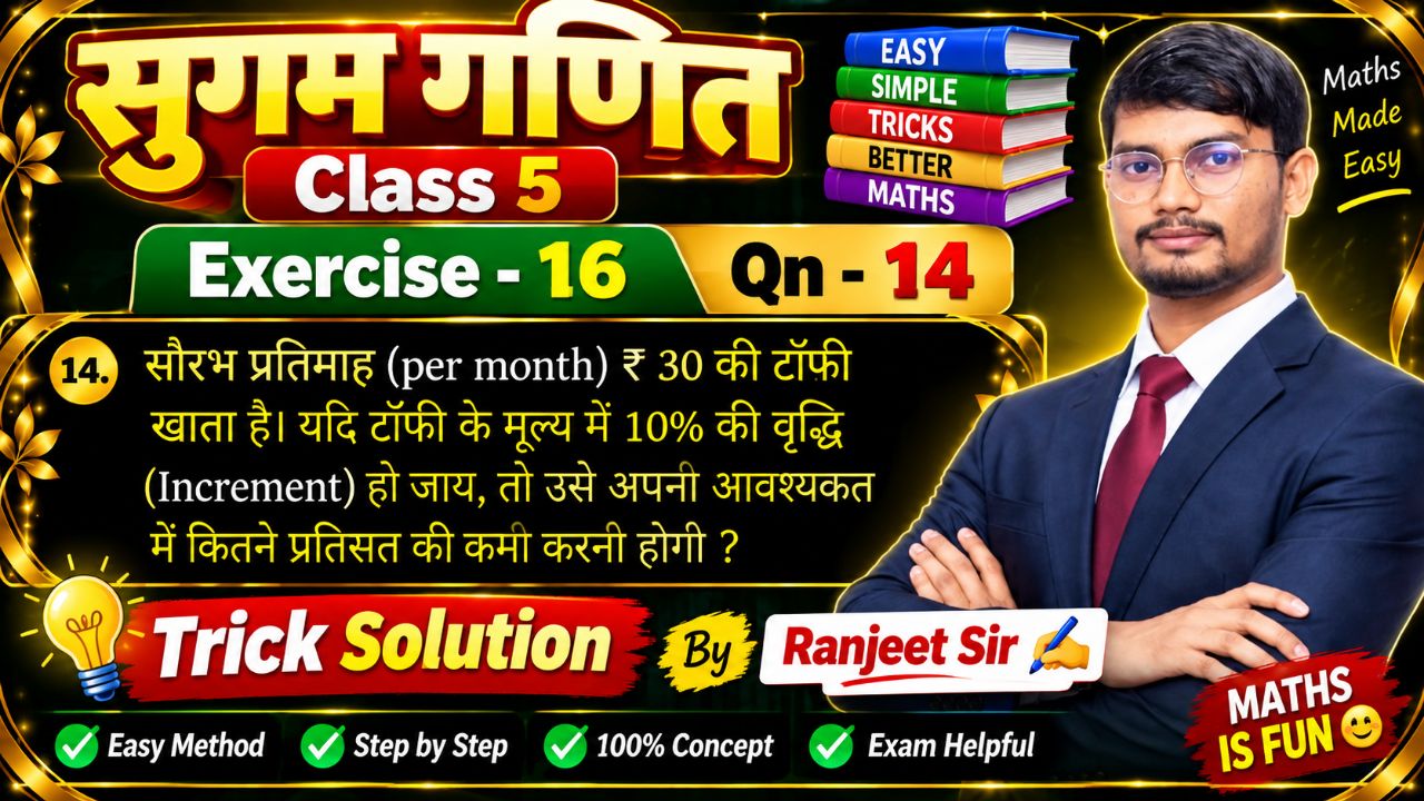 Class 5 Maths Exercise 16 Qn 14 | ₹30 की टॉफी 10% महंगी कितने प्रतिशत कम खानी होगी | Trick Solution