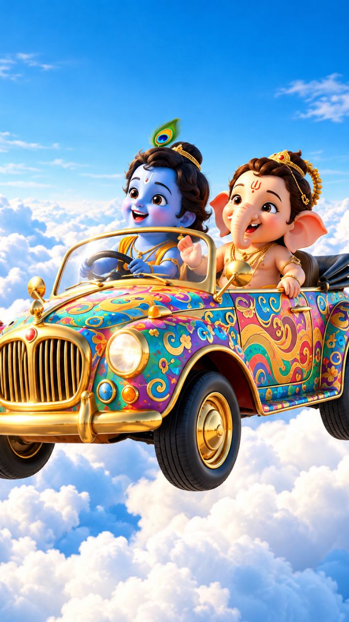 🚗☁️ आसमान में उड़ती कार में कृष्ण जी और गणेश जी की मजेदार सवारी 😍✨ | 3D Cartoon AI Video