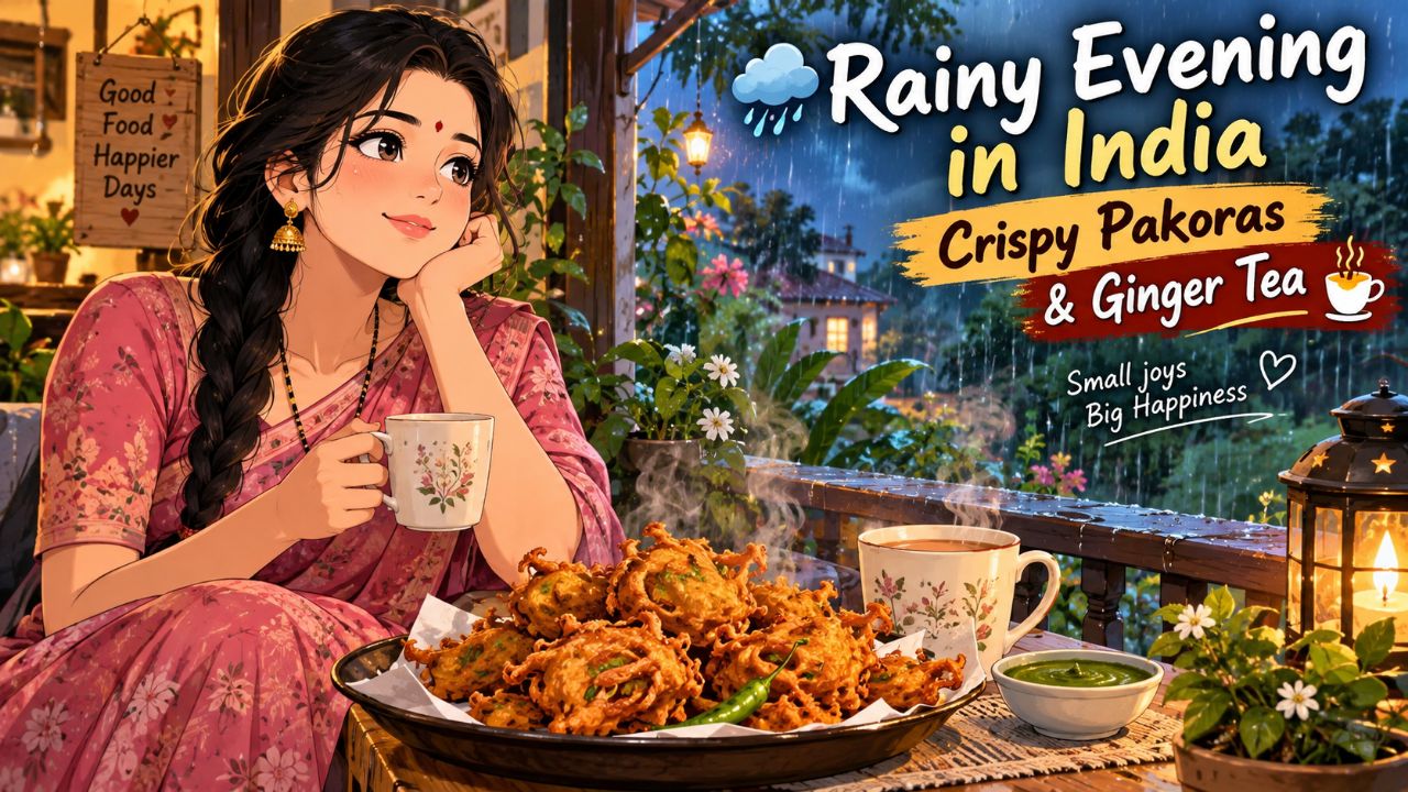 🌧️ Rainy Evening in India ☕✨ Crispy Pakoras & Ginger Tea | 2D Anime Slice of Life🍵💖 #Anime #Rain