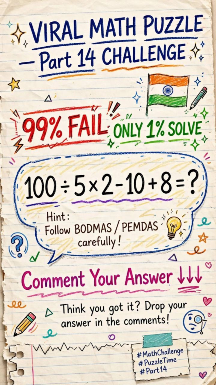 Part 14 - 100÷5x2-10+8=? ONLY 1% SOLVE