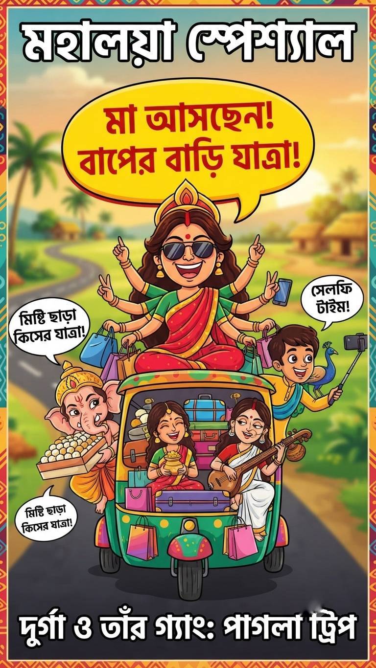 দশ হাতে সংসার সামলে মা দুর্গার বাপের বাড়ি যাত্রা—সঙ্গে একটু ফান ও গোলমাল! 🛵💨