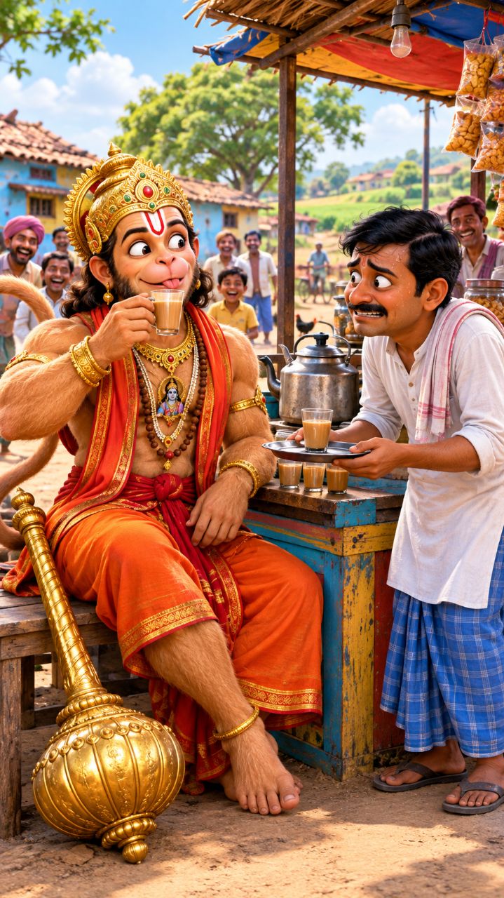 हनुमान जी चाय पीने आए दुकानदार के पास