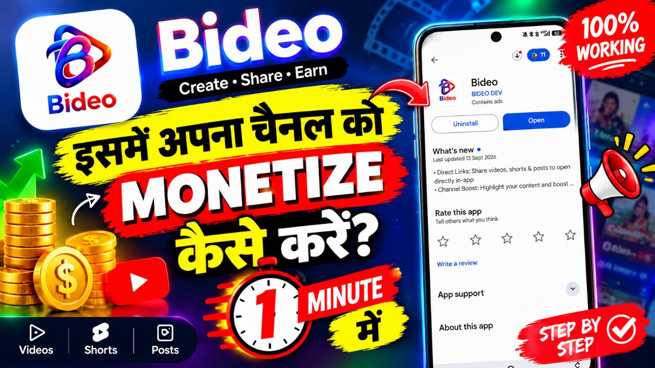 Bideo App में अपने चैनल को Monetize कैसे करें? | 1 मिनट में Step By Step