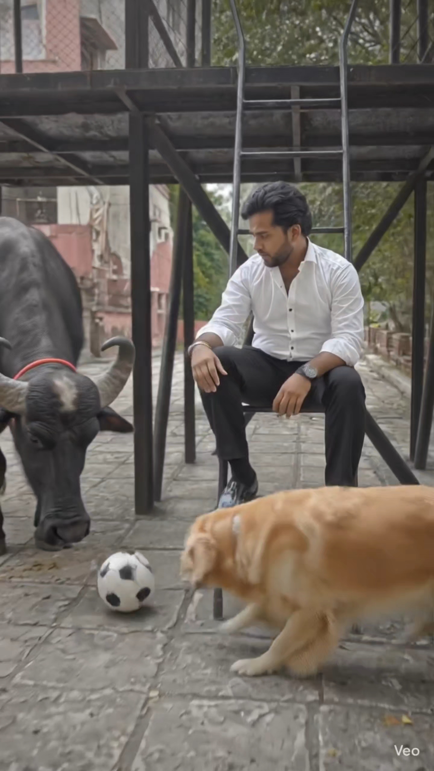 kutta aur Bhains ke sath mein football khel raha hun