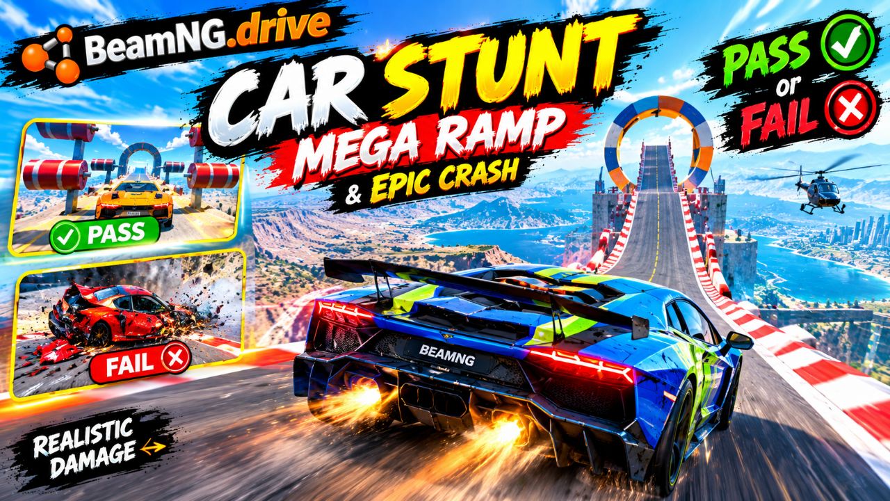 BeamNG.drive Car Stunt Challenge | Mega Ramp & Epic Crash