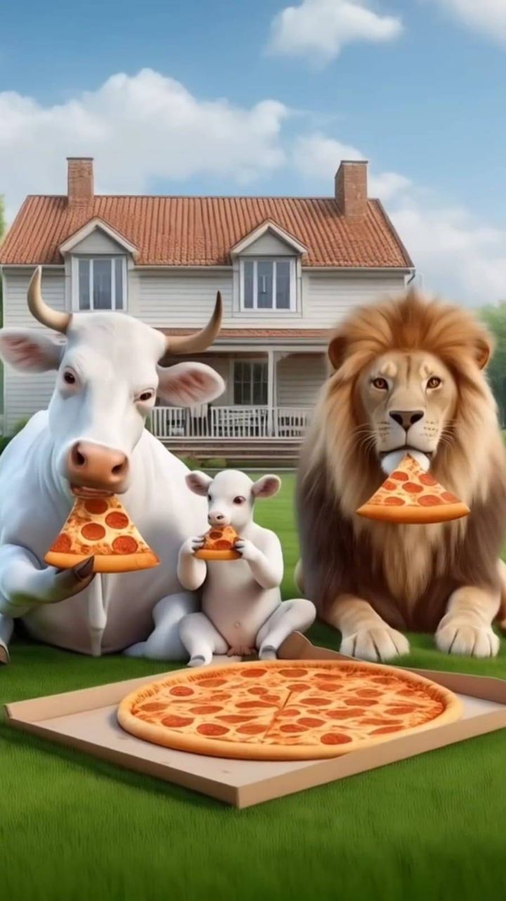 शेर, गाय और बछड़े की मजेदार Pizza Party 🦁🐄🍕 | Funny Animal Video | AI Shorts