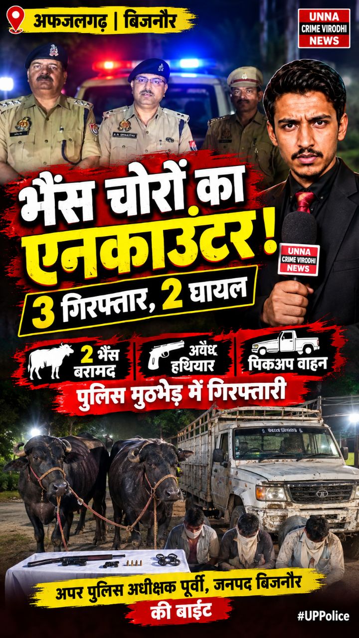 अफजलगढ़ में पुलिस मुठभेड़, 3 गिरफ्तार | 2 घायल | 2 भैंस और अवैध हथियार बरामद