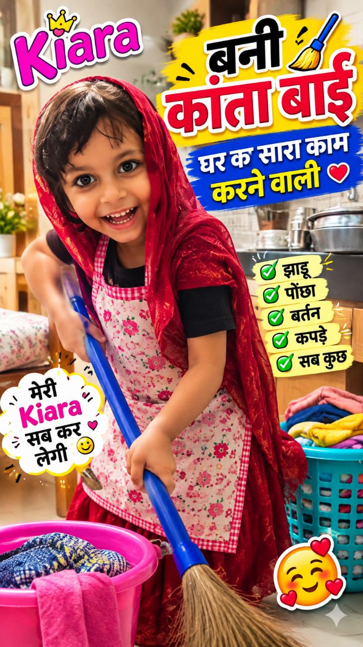 “आज Kiara बनीं कांता बाई 😍 घर का सारा काम करने का जिम्मा ले लिया! 😂🧹 इतनी छोटी सी उम्