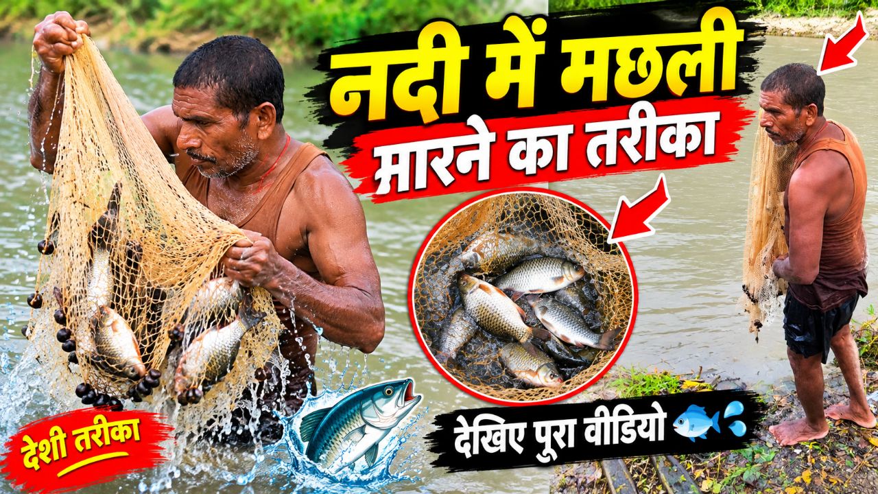 नदी में मछली पकड़ने का देसी तरीका 🎣😱 | जाल में फँसी ढेर सारी मछलियाँ | पूरा वीडियो देखें 🔥