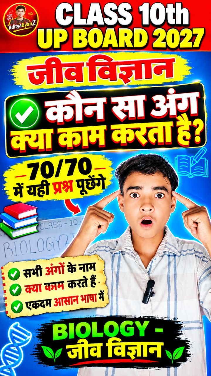 Class 10 UP Board 2027 जीव विज्ञान 🔥 मानव शरीर के अंग और उनके कार्य | TOP MCQ | महत्वपूर्ण प्रश्न