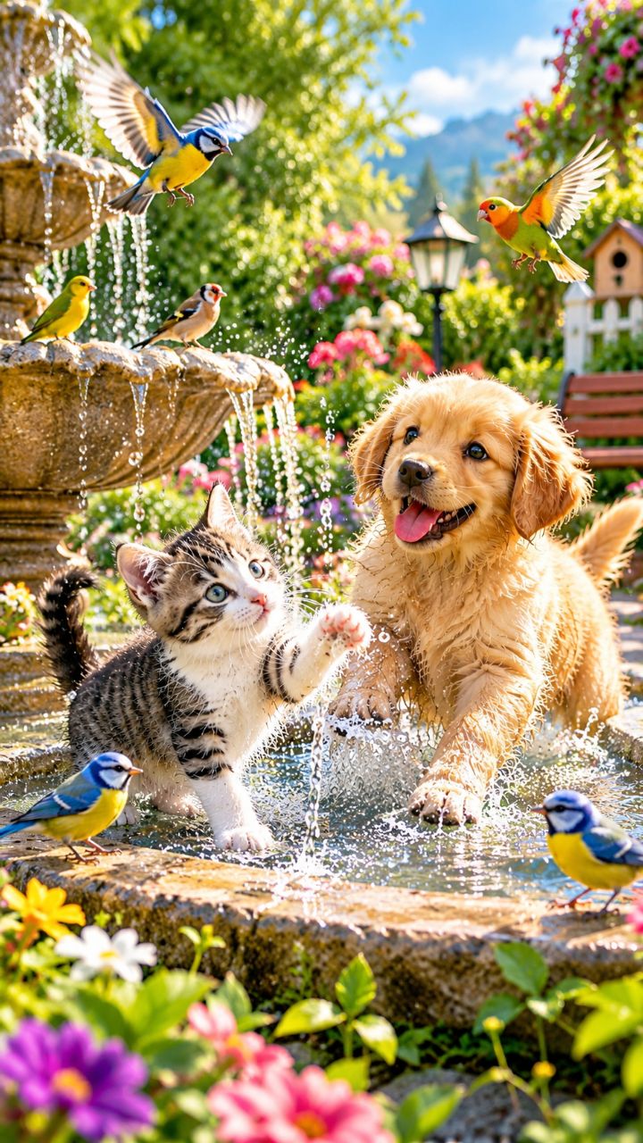 Kitten cat and puppy water tribe's in garden
