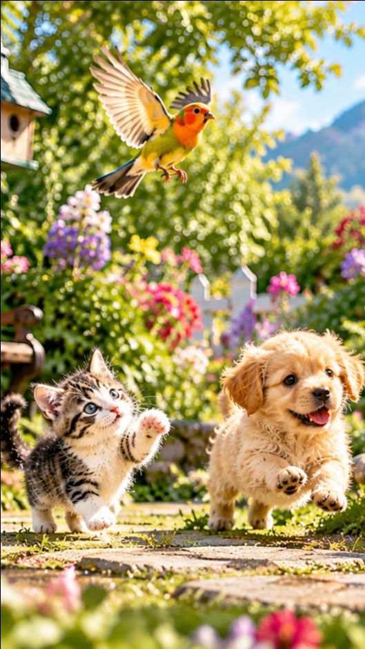 Kitten cat and puppy loves with birds