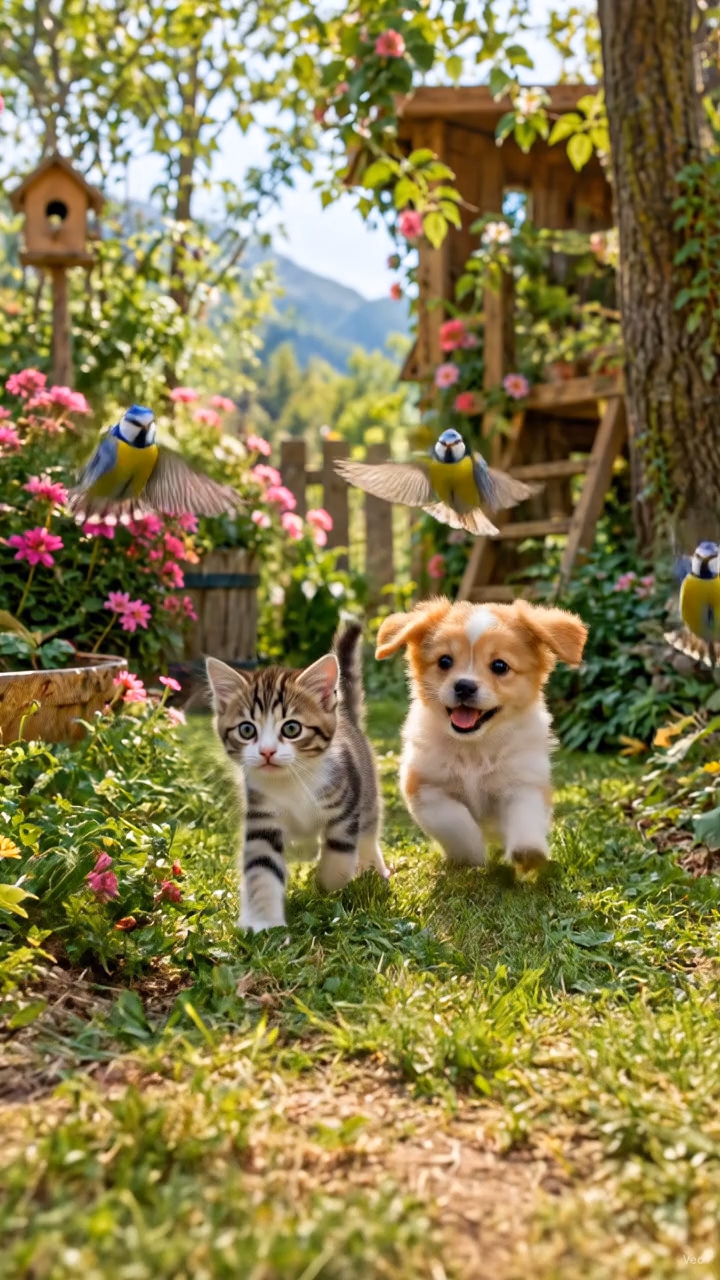 Kitten cat and puppy in garden🏡 #cat