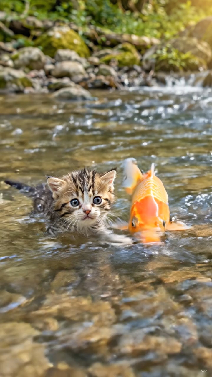 Kitten cat and fishing enjoy in waters