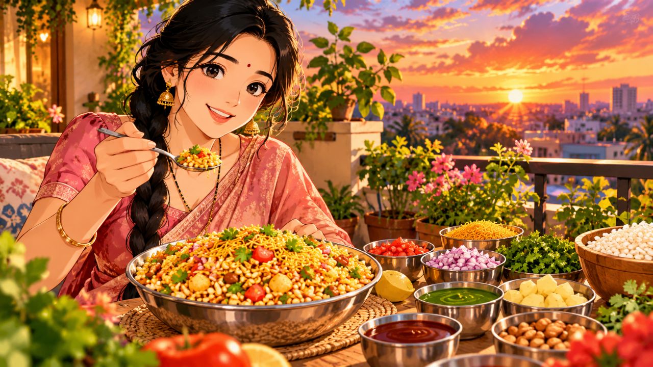 🌅✨ Homemade Bhel Puri at Sunset 😋 | Peaceful Indian Anime | #Anime #BhelPuri #IndianFood