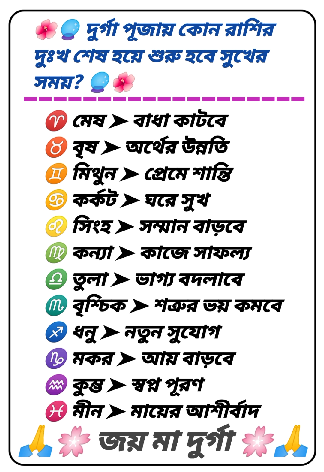 🌺🔮 দুর্গা পূজায় কোন রাশির দুঃখ শেষ হয়ে শুরু হবে সুখের সময়? 🔮🌺