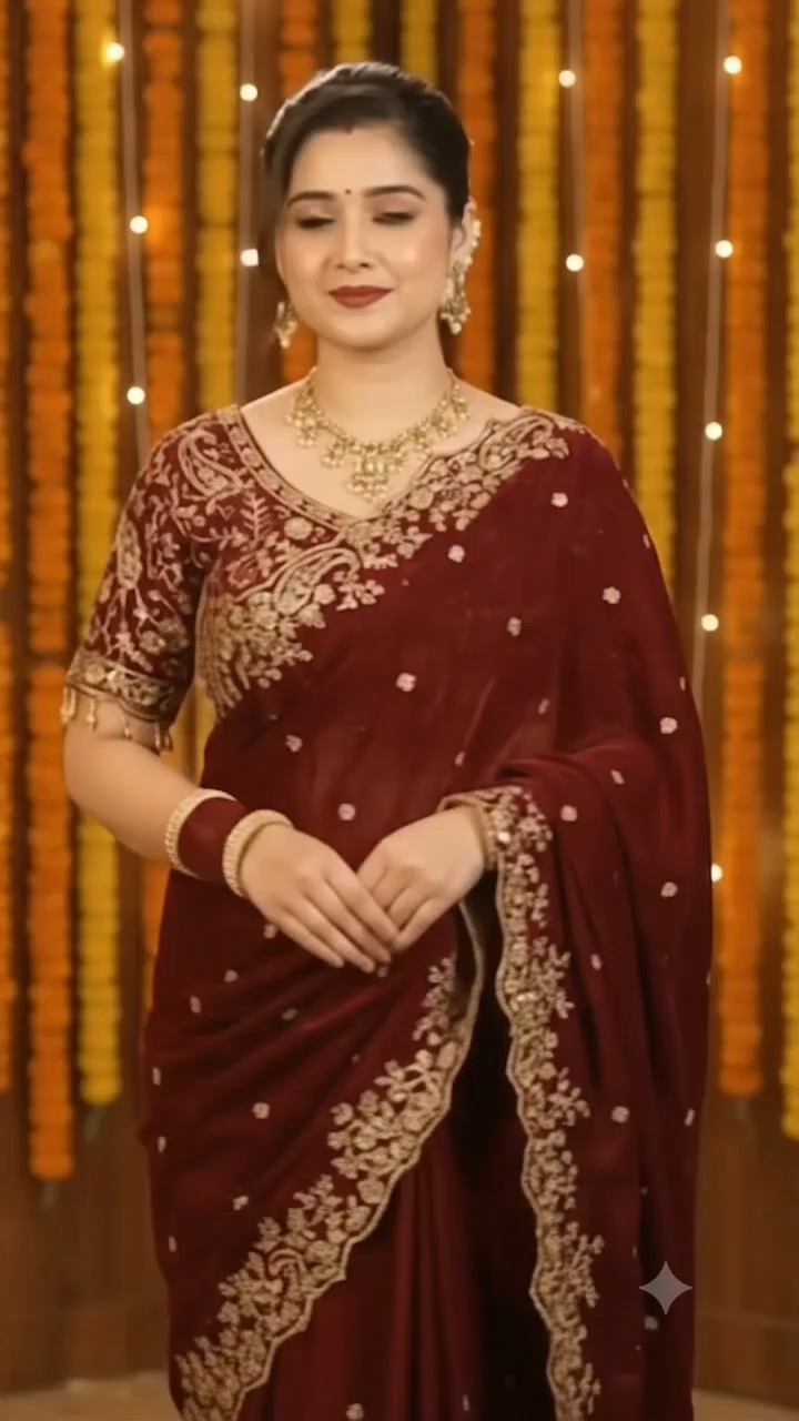 A gorgeous maroon velvet saree for a royal look! 💃✨#SareeLook #EthnicWear #Fashion