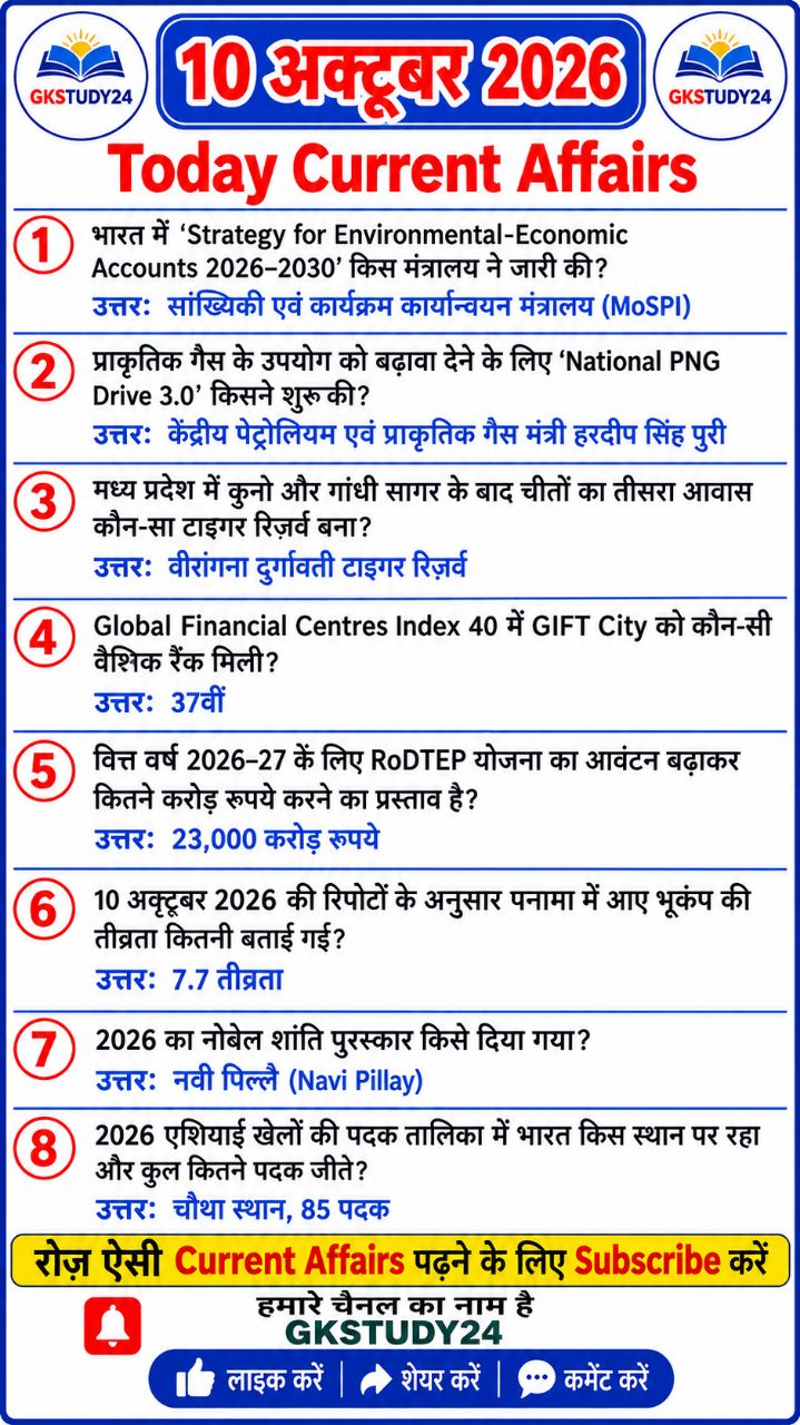 🔥 आज के करेंट अफेयर्स 10 अक्टूबर 2026 | Today Current Affairs in Hindi | UPSSSC PET 2026 | GK/GS