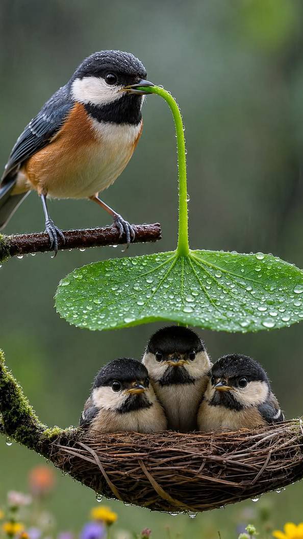 Tiny Bird Protects Its Babies Under a Leaf Umbrella 🌿💧 | Amazing Nature & Wildlife