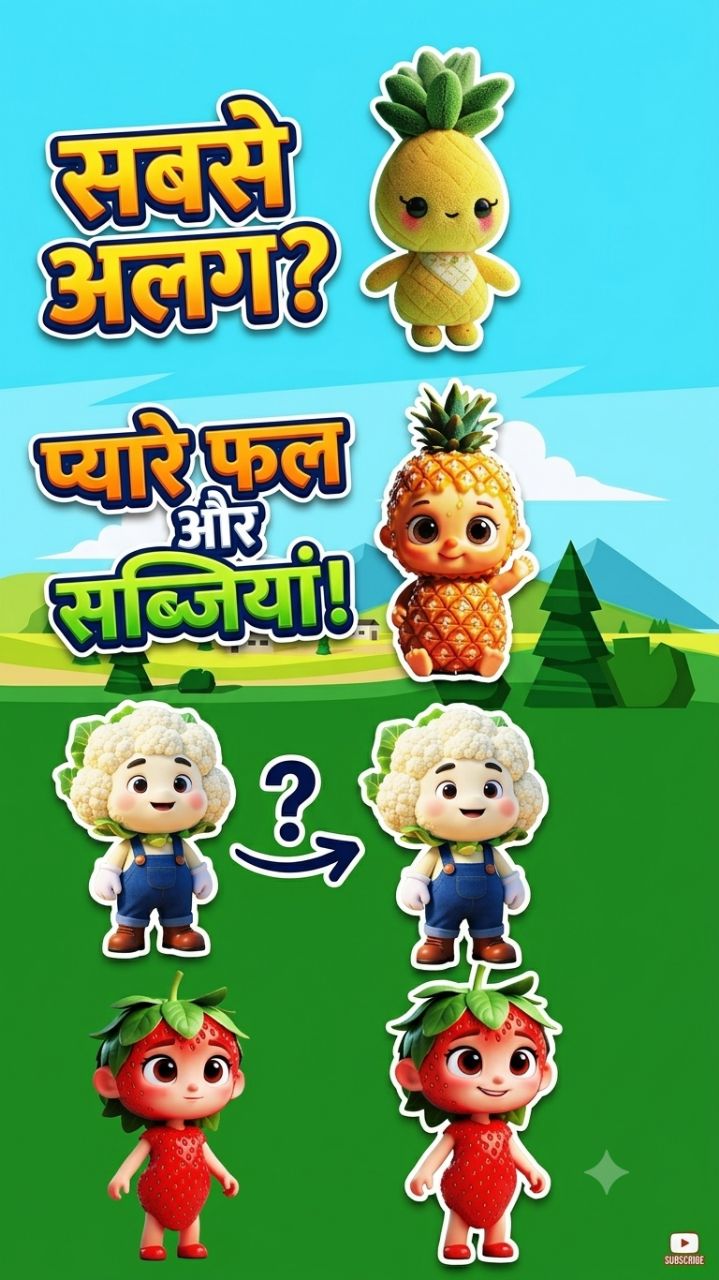 सबसे अलग कौन? 🍍🍓 प्यारे फल और सब्जियों में खोजो अंतर!
पहचानो कौन है सबसे अलग? 🤔 क्यूट फल-सब्जी पज
