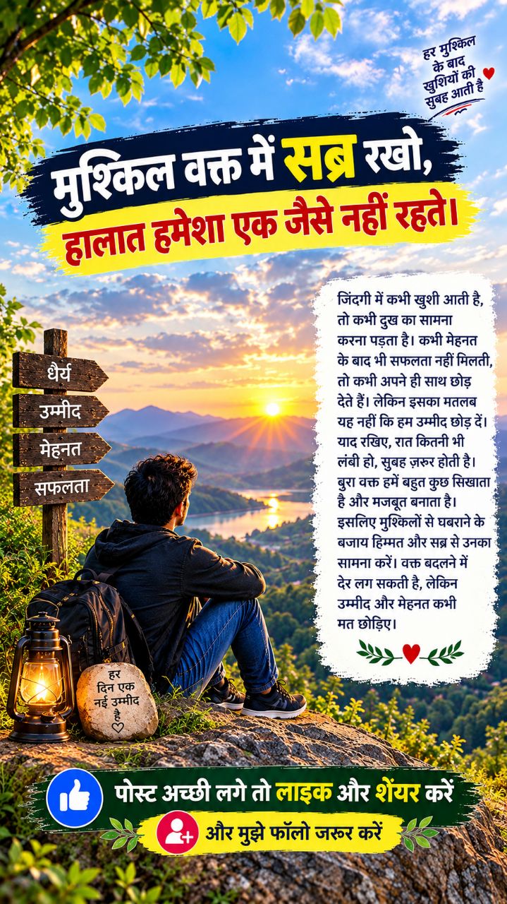 मुश्किल वक्त में सब्र रखो, हालात हमेशा एक जैसे नहीं रहते।
