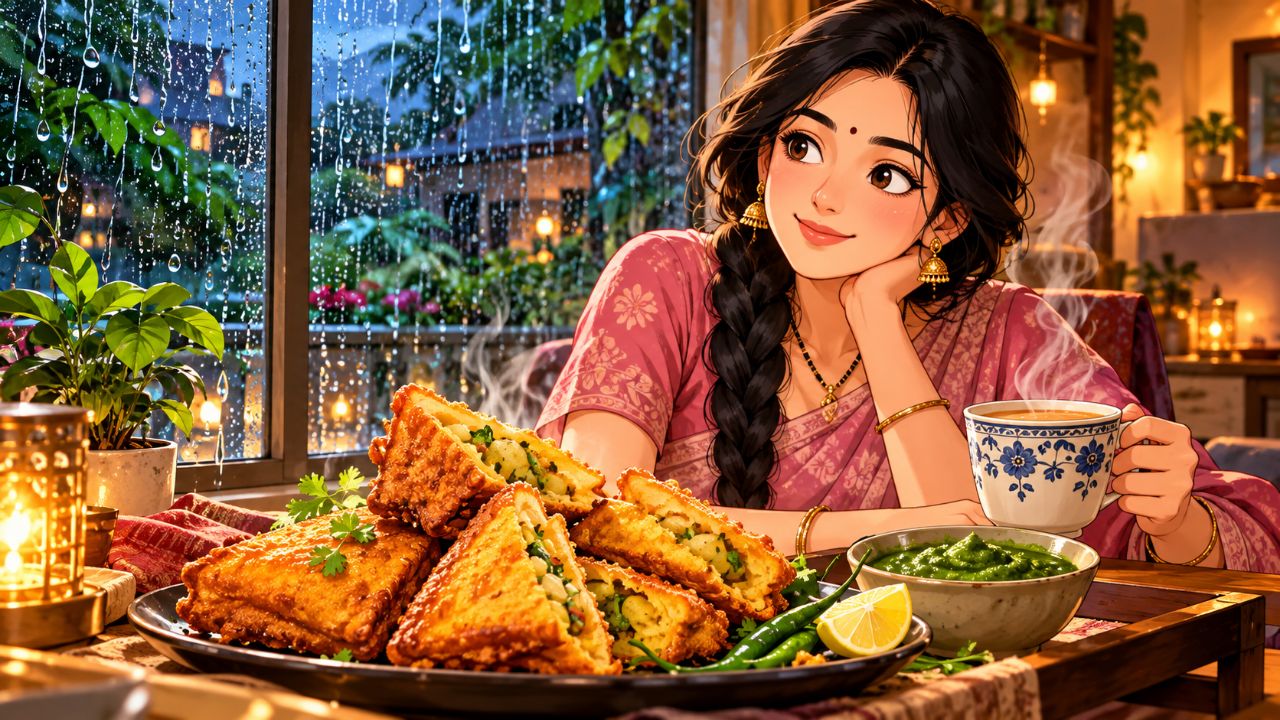 🌧️ Crispy Bread Pakora & Masala Chai ☕ | Cozy Indian Rainy Evening Anime ✨ #Anime #ASMR #Shorts