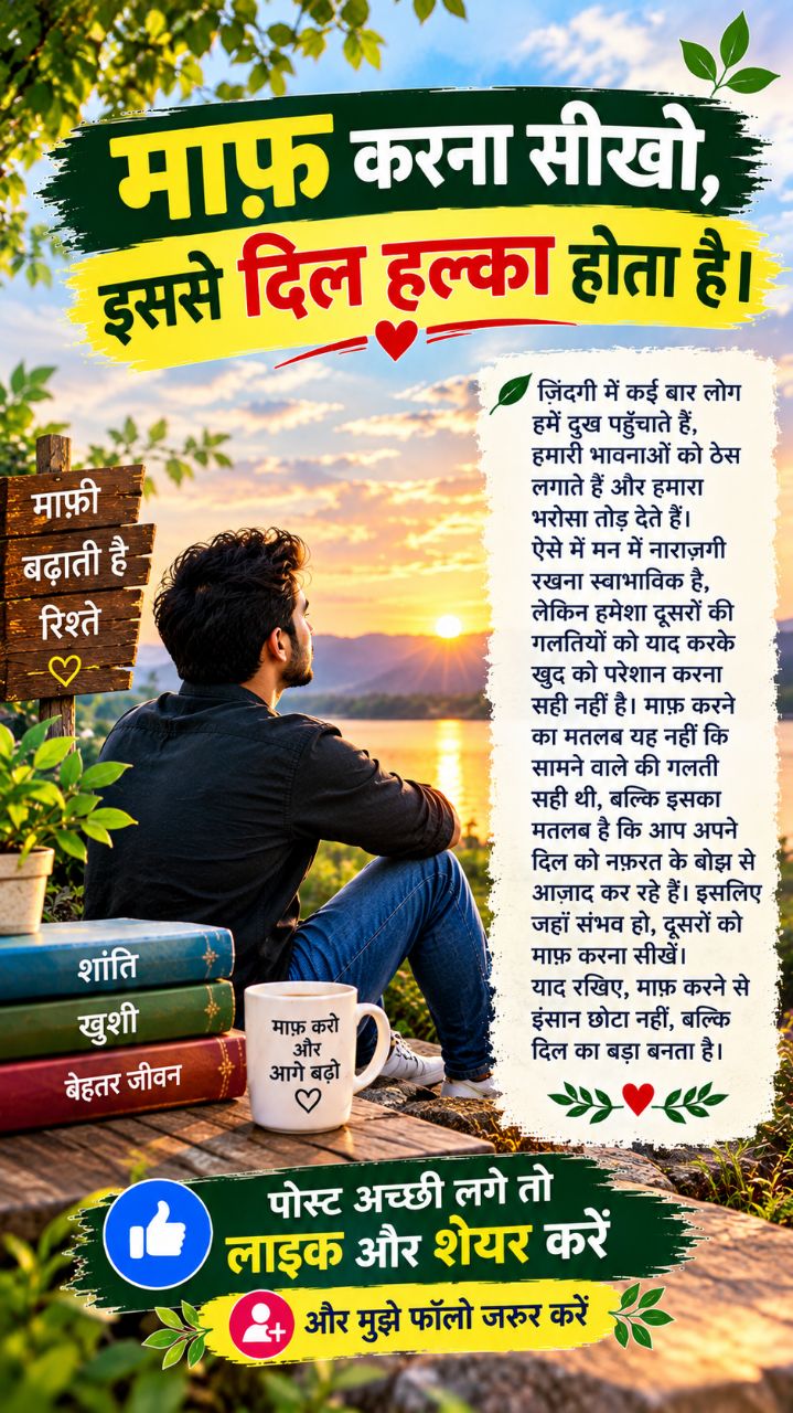 माफ़ करना सीखो, इससे दिल हल्का होता है।