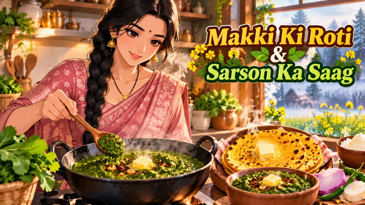 🌾 Cozy Indian Winter Cooking 🍲 | Makki Ki Roti & Sarson Ka Saag 💛✨ #Anime #ASMR #Shorts