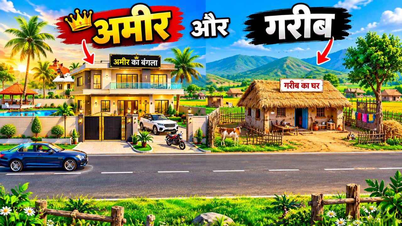 अमीर और गरीब ढाबा 🍽️

एक तरफ अमीरों का शानदार ढाबा, जहाँ स्वादिष्ट खाना और बढ़िया सजावट है। दूसरी त