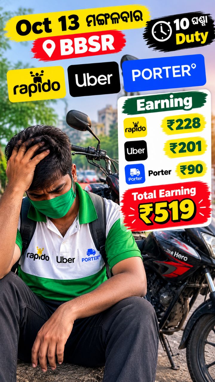 BBSR ରେ 10 ଘଣ୍ଟା Rapido + Uber + Porter Duty 😔 | Total Earning ₹519 | Oct 13