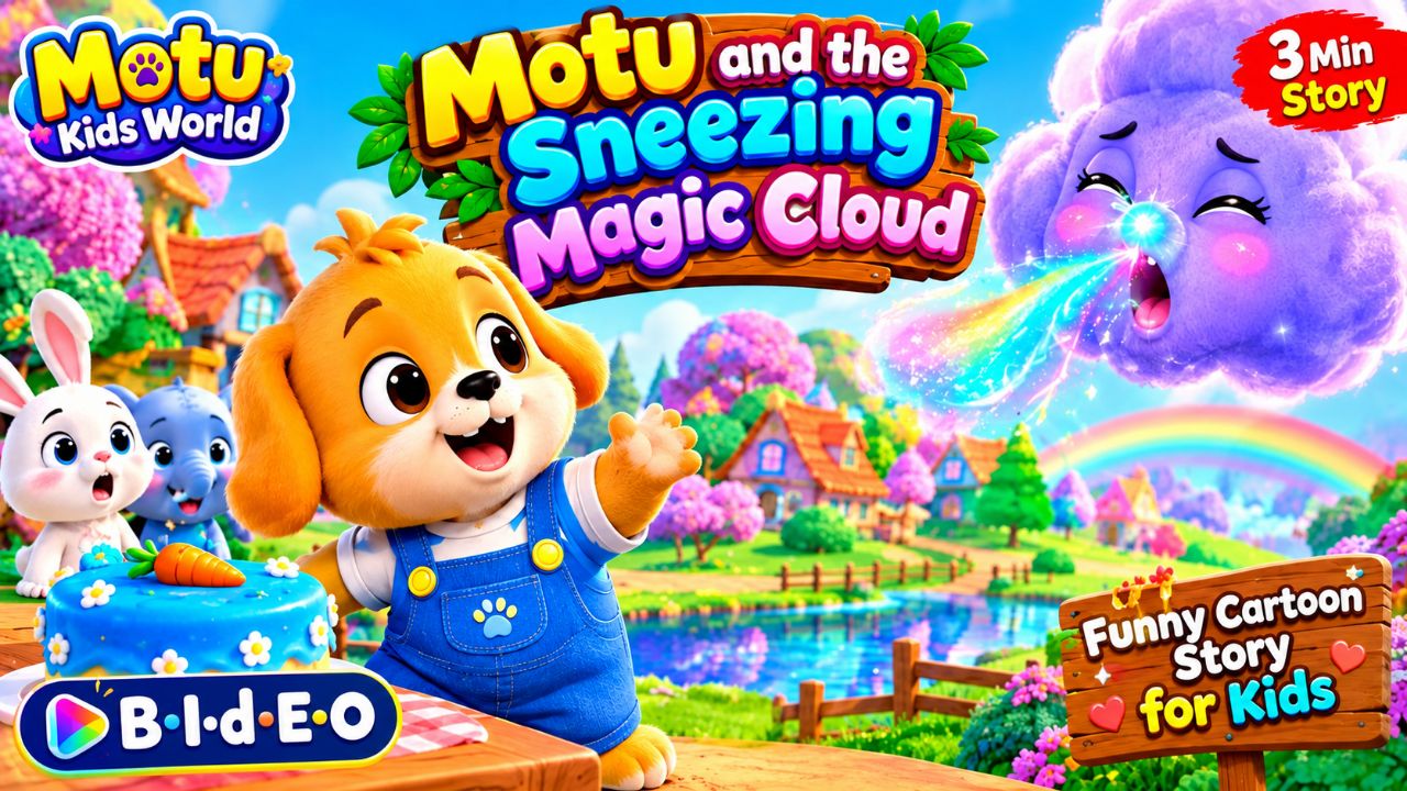 Motu and the Sneezing Magic Cloud ☁️✨ | Funny Cartoon Story for Kids | 3-Minute Kids Story 🐶🌈
