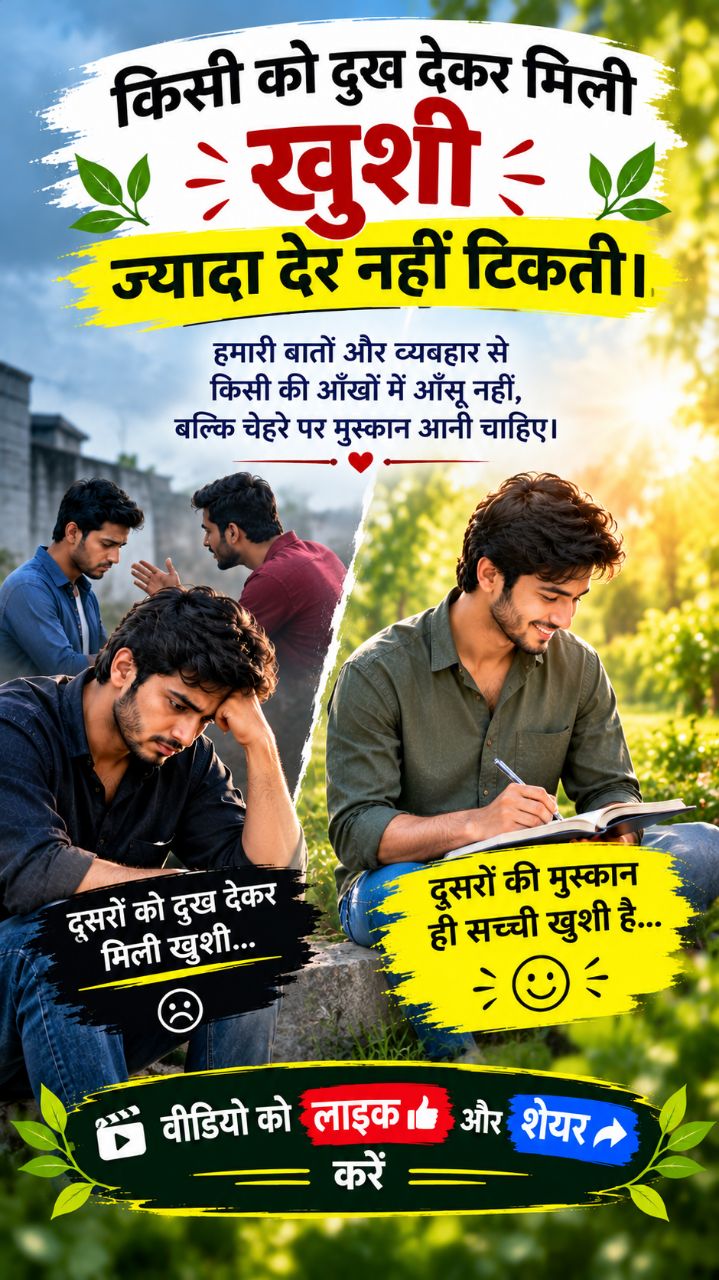 किसी को दुख देकर मिली खुशी ज्यादा देर नहीं टिकती।