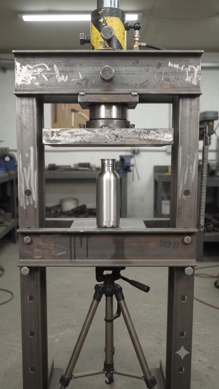 Hydraulic press crushing metal bottle