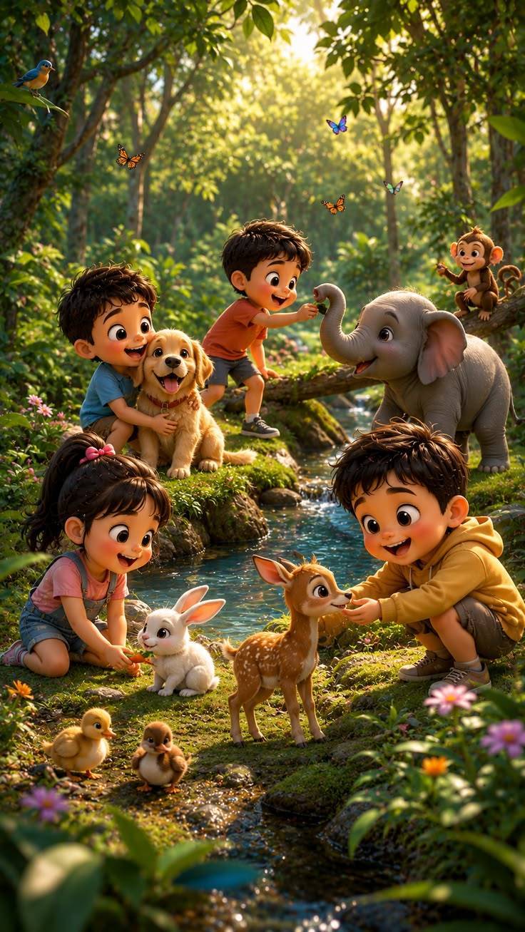 🐘🐰 जंगल में बच्चों की जानवरों से प्यारी दोस्ती ❤️🐒 | जादुई जंगल की कहानी 🌳✨