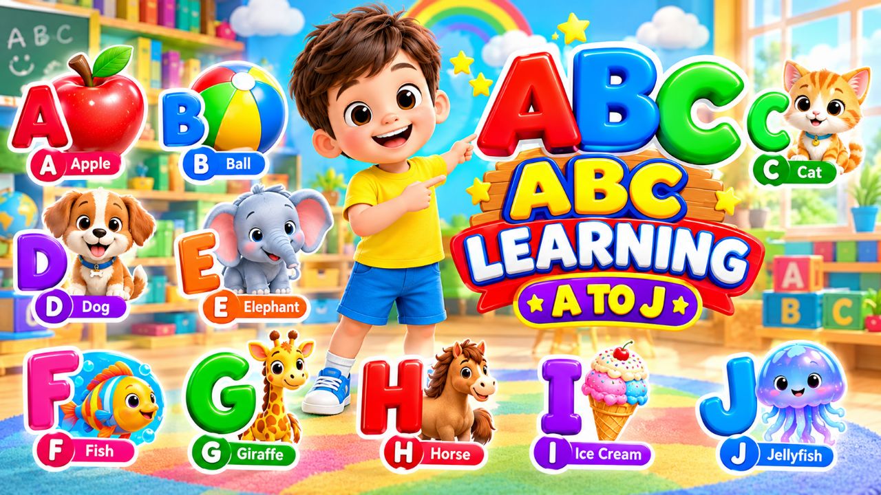 🔤 ABC Learning A to J for Kids 🧒🍎 | Learn Alphabets with Animals & Fun 🎨🐶