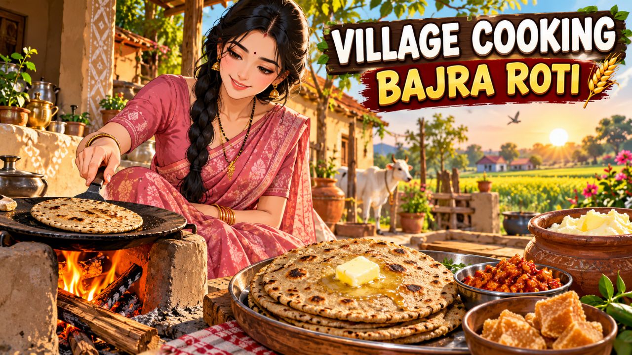 🌾 Cooking Bajra Roti on a Traditional Chulha 🫓 | Peaceful Indian Village Anime 🌿 #Shorts