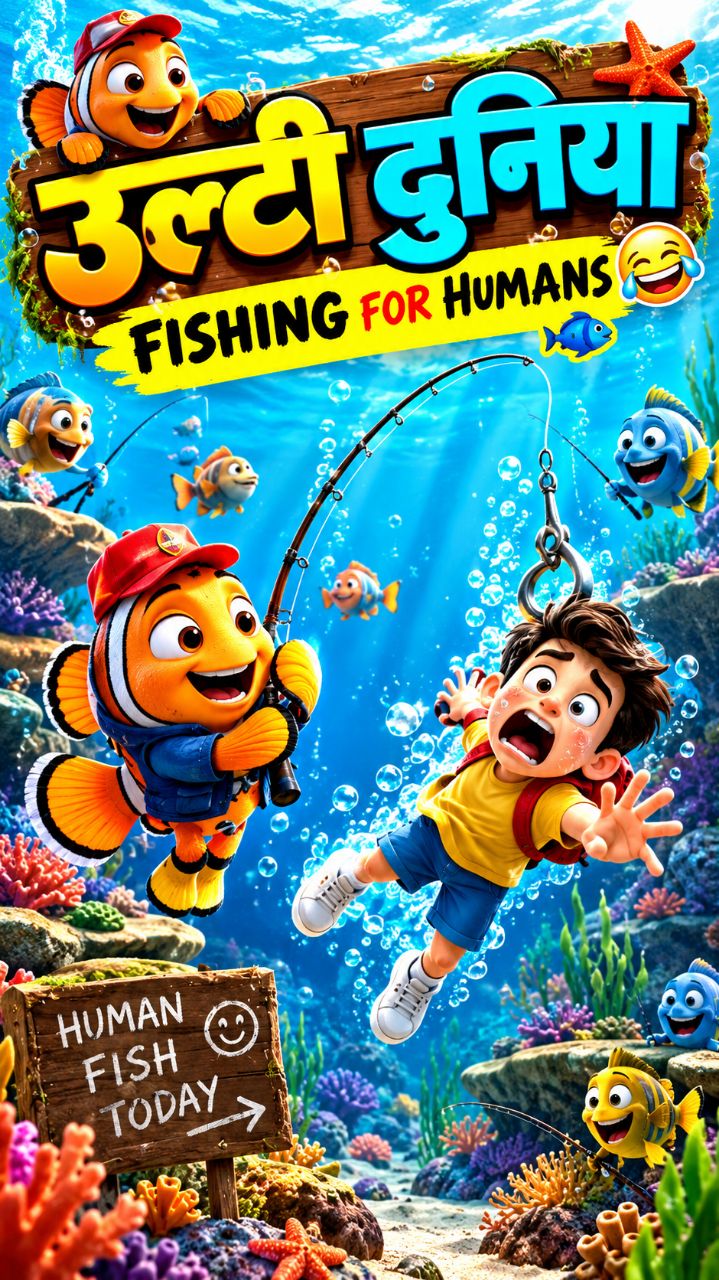 उल्टी दुनिया 🐠😂 मछलियाँ कर रही हैं इंसानों की Fishing! 🤣🎣 | AI Cartoon #Shorts@Adityaduga
