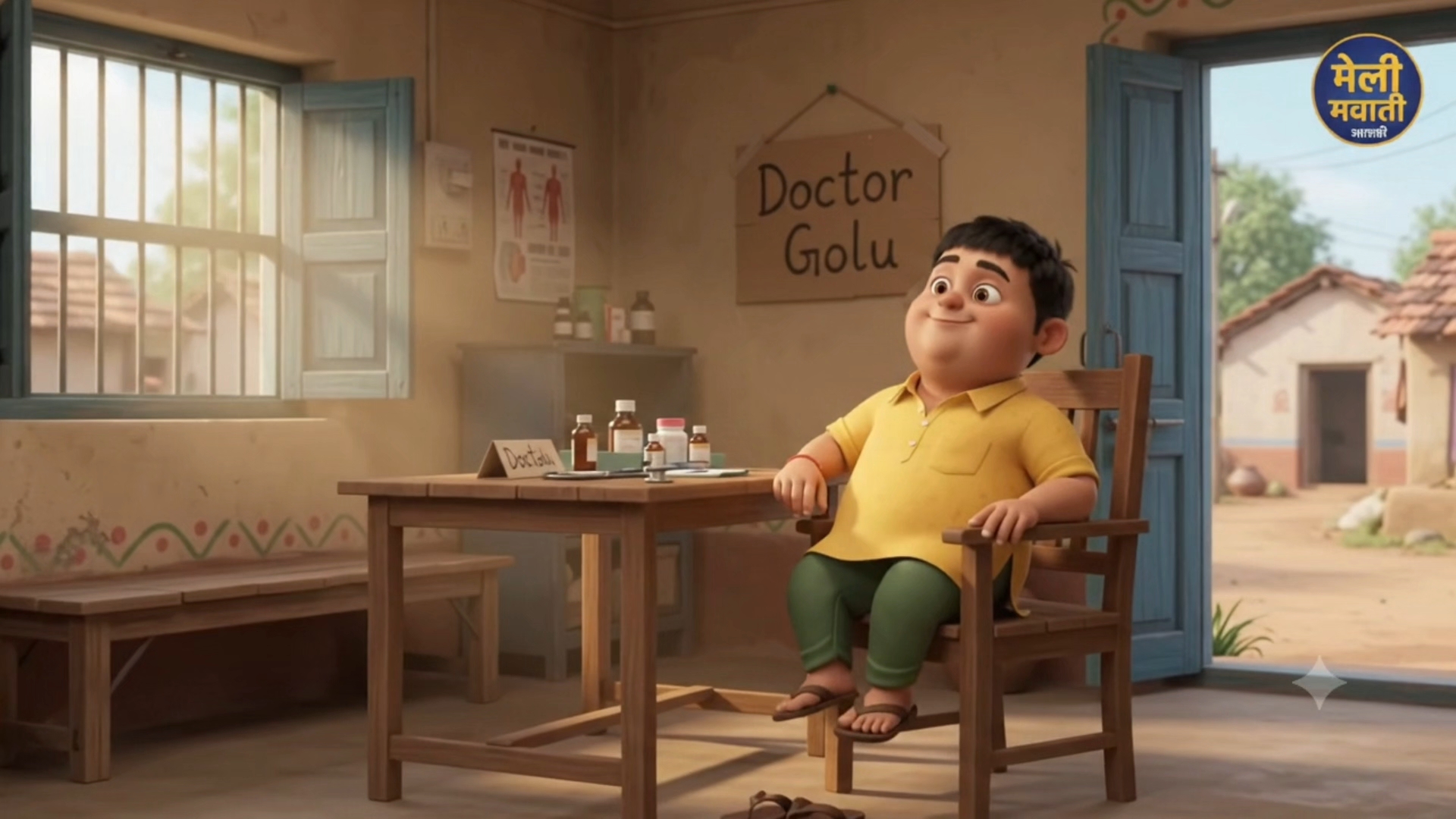 Bhola: "इसमें दवाई कहाँ है?" Golu: "ये खास हवा वाली दवाई है! पैसे 200 रुपये!" Bhola: "खाली गिलास के