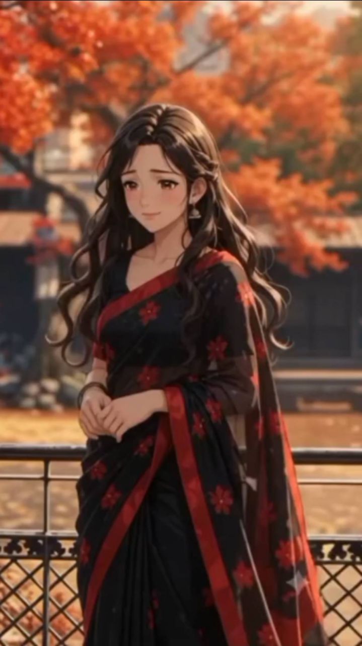 🖤❤️ Autumn Queen 🍁✨ | Black Saree Anime Girl | Beautiful Anime Aesthetic