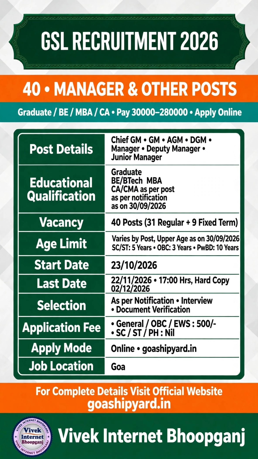 GSL Recruitment 2026 | 40 Manager & Junior Manager Posts | Apply Online