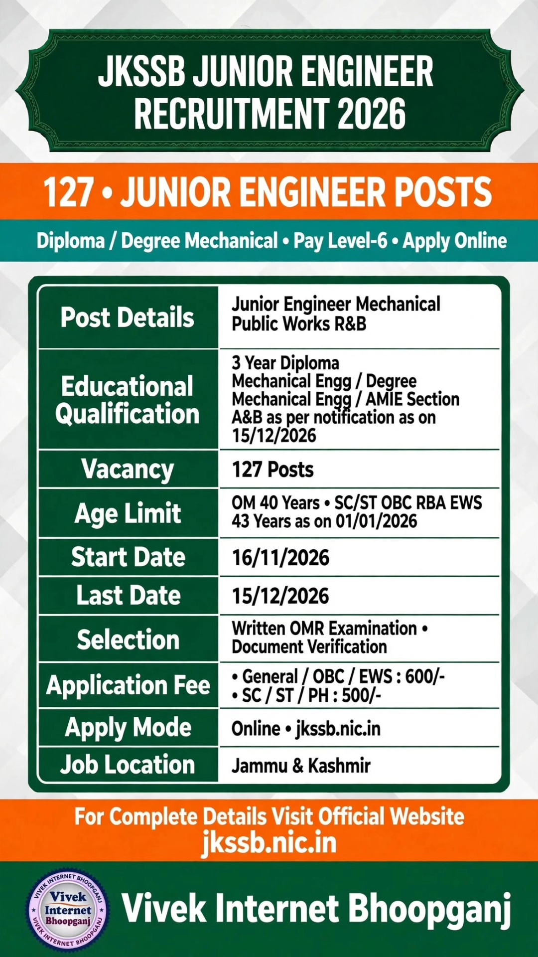 JKSSB Junior Engineer Recruitment 2026 | 127 JE Mechanical Posts