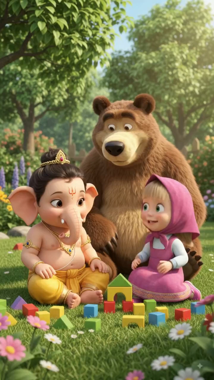 Masha ❤️ Bal Ganesh Playing Together 🐻🐘😍 | Cute Ganapathi Cartoon Story #shorts
