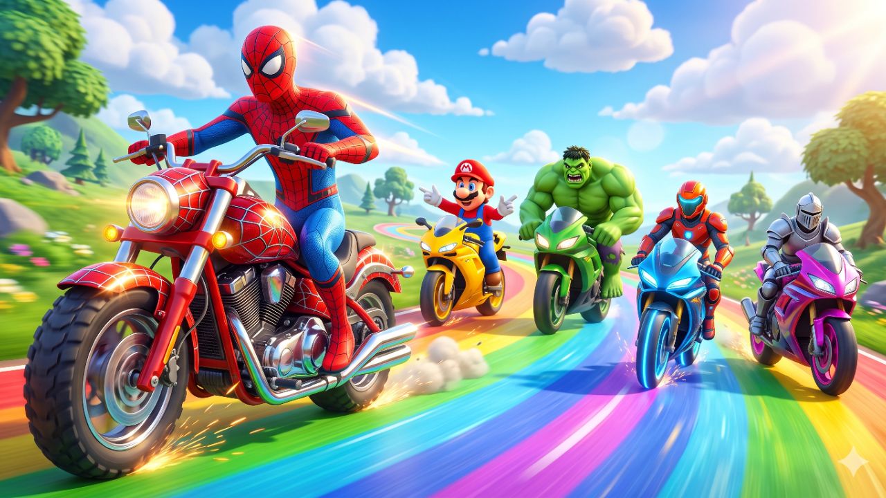 Spider-Man Vs Hulk Vs Mario Vs Red Man Vs Steel Man Racing 😯