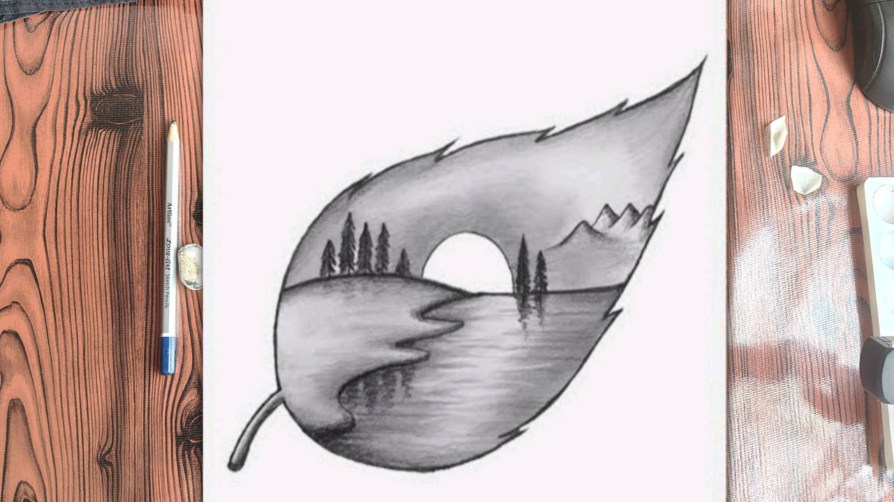 How to draw leaf and lake drawing Easy to draw leaf drawing art easy step by step