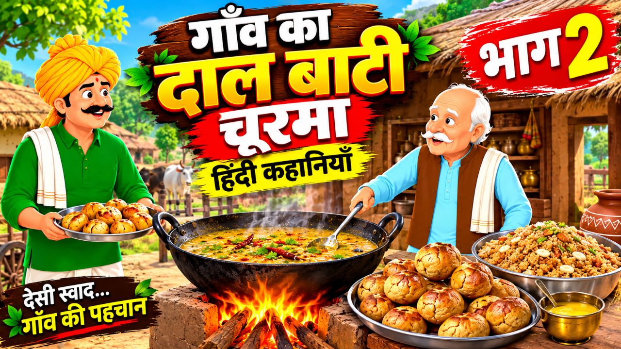 गाँव का दाल बाटी चूरमा 😋🔥 | देसी स्वाद की मजेदार हिंदी कहानी 😂 | भाग 2 | Hindi Cartoon Story