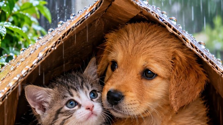 A Heartwarming Act of Kindness in the Rain 🌧️🐱🐶