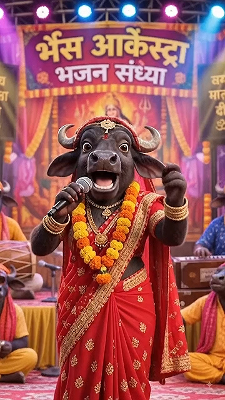 भैंस ऑर्केस्ट्रा भजन संध्या में भैंस ने किया माता रानी का जागरण 😂