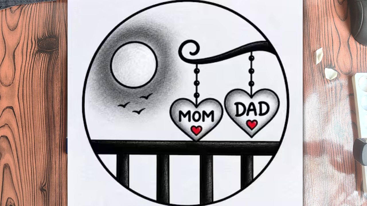 Easy circle scenery drawing | Easy drawing ideas for beginners | How to draw Mom Dad sketch