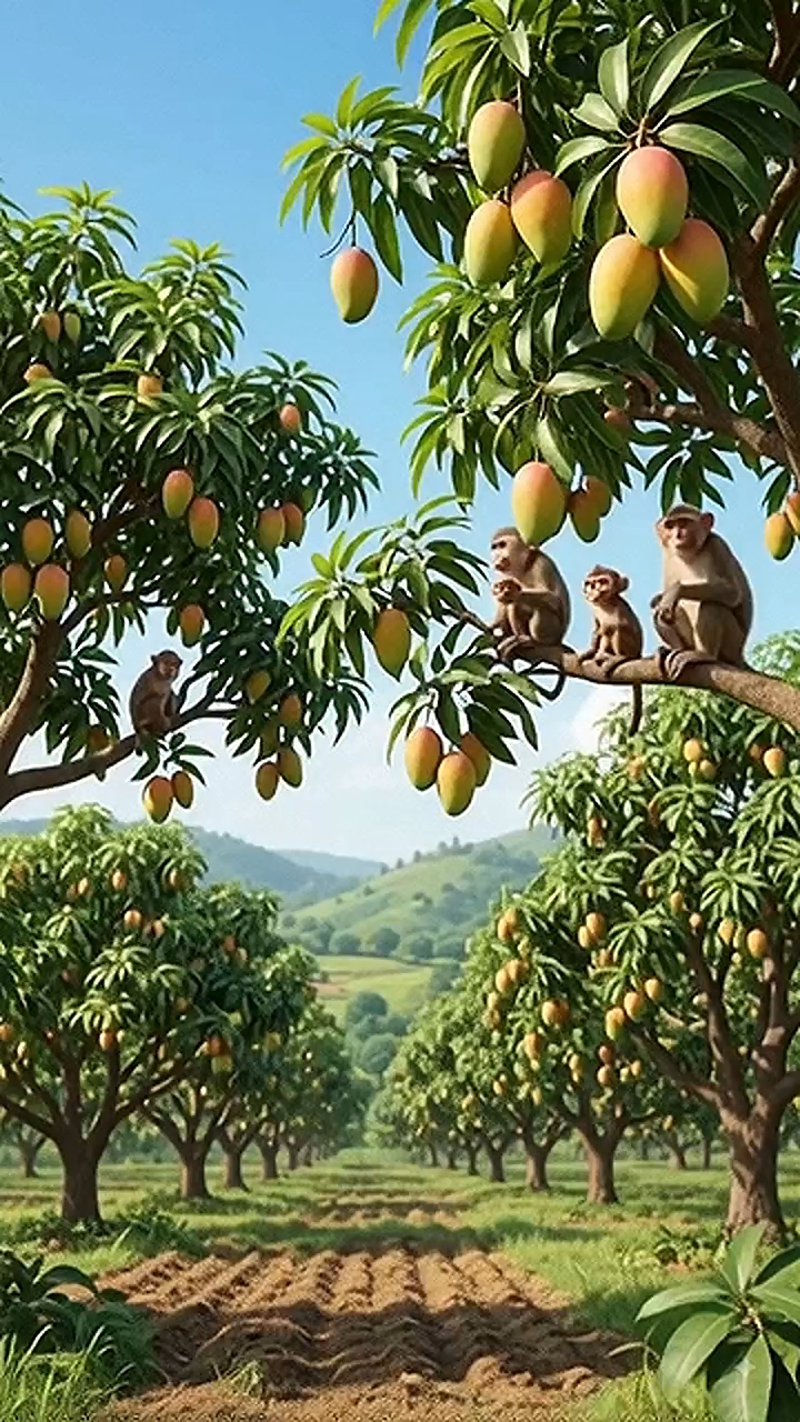 🎬 टाइटल: आम के बगीचे में बंदरों का प्यारा परिवार 🐒🥭 | Village Life Story